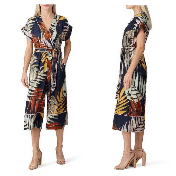 ANTHROPOLOGIE HUTCH Jess Jumpsuit Womens Small Leaf Print Short Sleeve V-neck - Picture 2 of 16